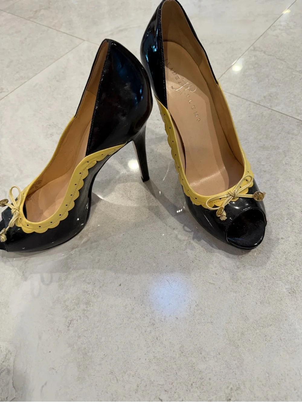 Ivanka Trump Black Yellow Patent Leather Peep Toe Pumps Scalloped Bow Detail